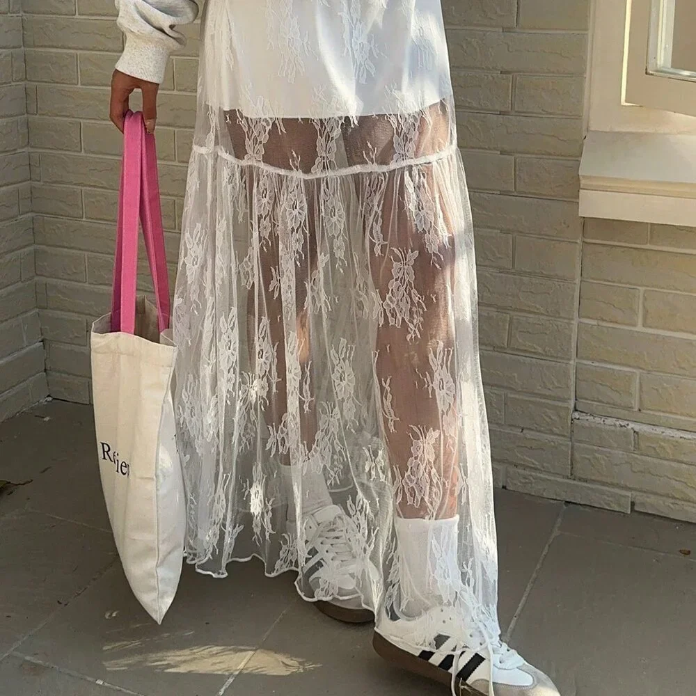 White Elegant Women's Elastic Waist Lace Patchwork Maxi A-Line Skirt - Picture 6 of 7